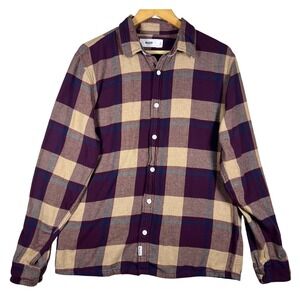 Hollister Mens Flannel Shirt Size L Button Up Long Sleeve Plaid Purple Beige